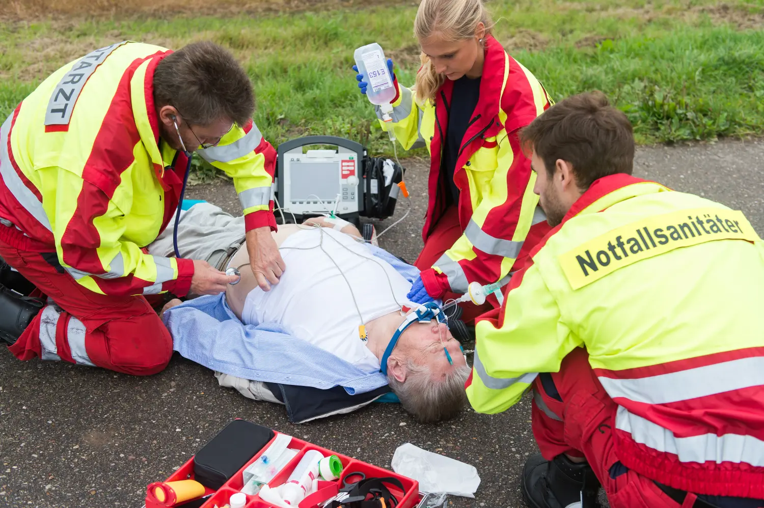 Rettungsdienst und Notarzt versorgen einen schwer kranken Mann